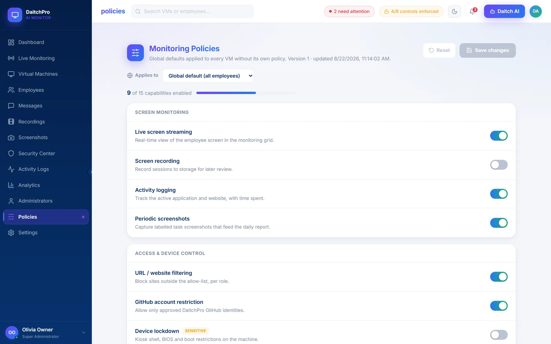DaitchLens console — Policies